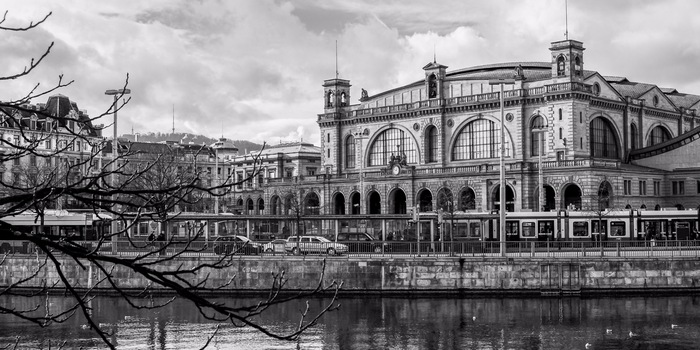 Urban scene: A view across the Limmat to Zurich main station